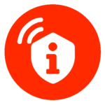 Safety Contact Logo, roter Hintergrund, ein weißes Schield mit einem roten i. Zwei gebogene weiße streifen für das Senden