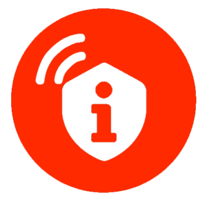 Safety Contact Logo, roter Hintergrund, ein weißes Schield mit einem roten i. Zwei gebogene weiße streifen für das Senden