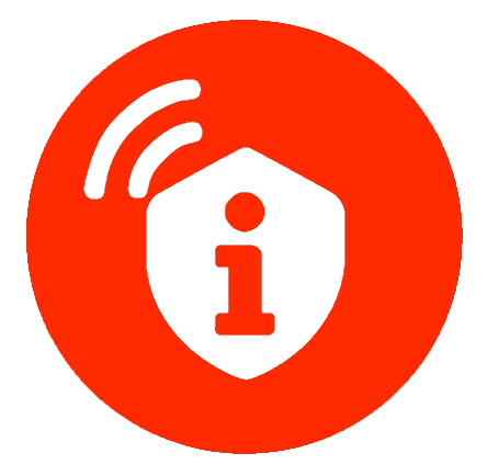 Safety Contact Logo, roter Hintergrund, ein weißes Schield mit einem roten i. Zwei gebogene weiße streifen für das Senden