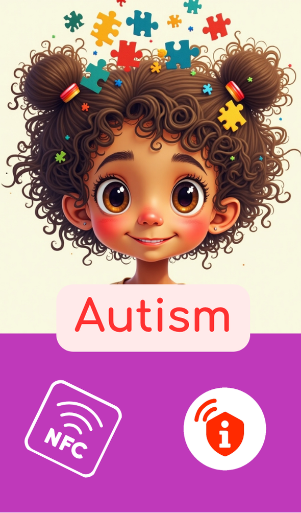 Safety Contact Card, bundes design mit einem Mädchen und Puzzleteile, Name: Autismus Girl Version