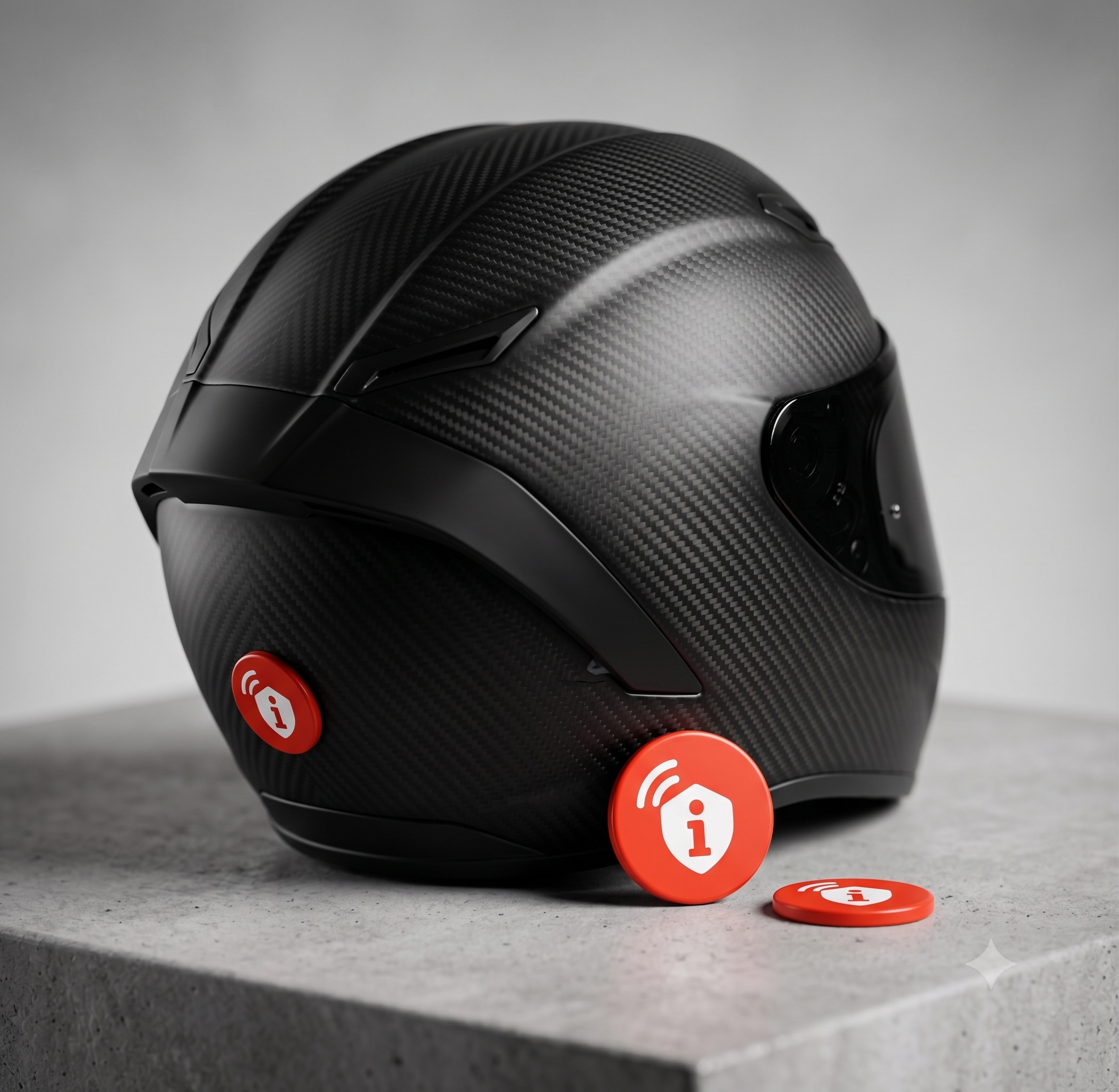 Schwarzer Helm, mit einer Safety Contact NFC Chip, rund, rot/weißes Design.