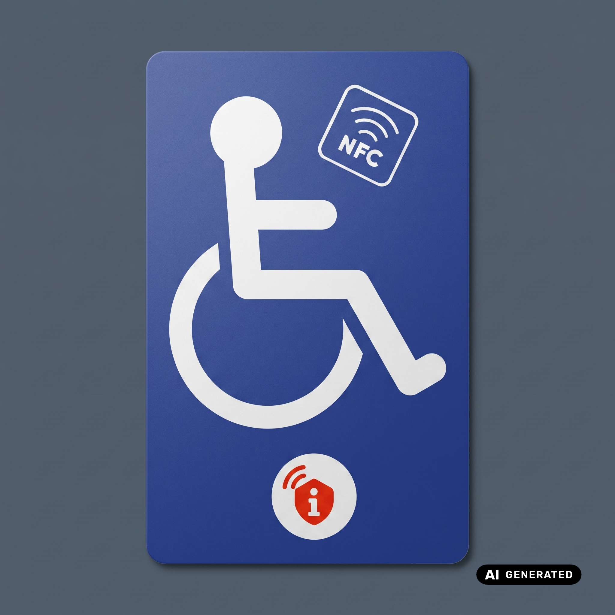 Inklusion Karte des Saftey Contact Familie. Das Symbol der Inklusion auf dunkel blauen Hintergrund, NFC Symbol und das SCC Logo in weiß/roter Farbe.